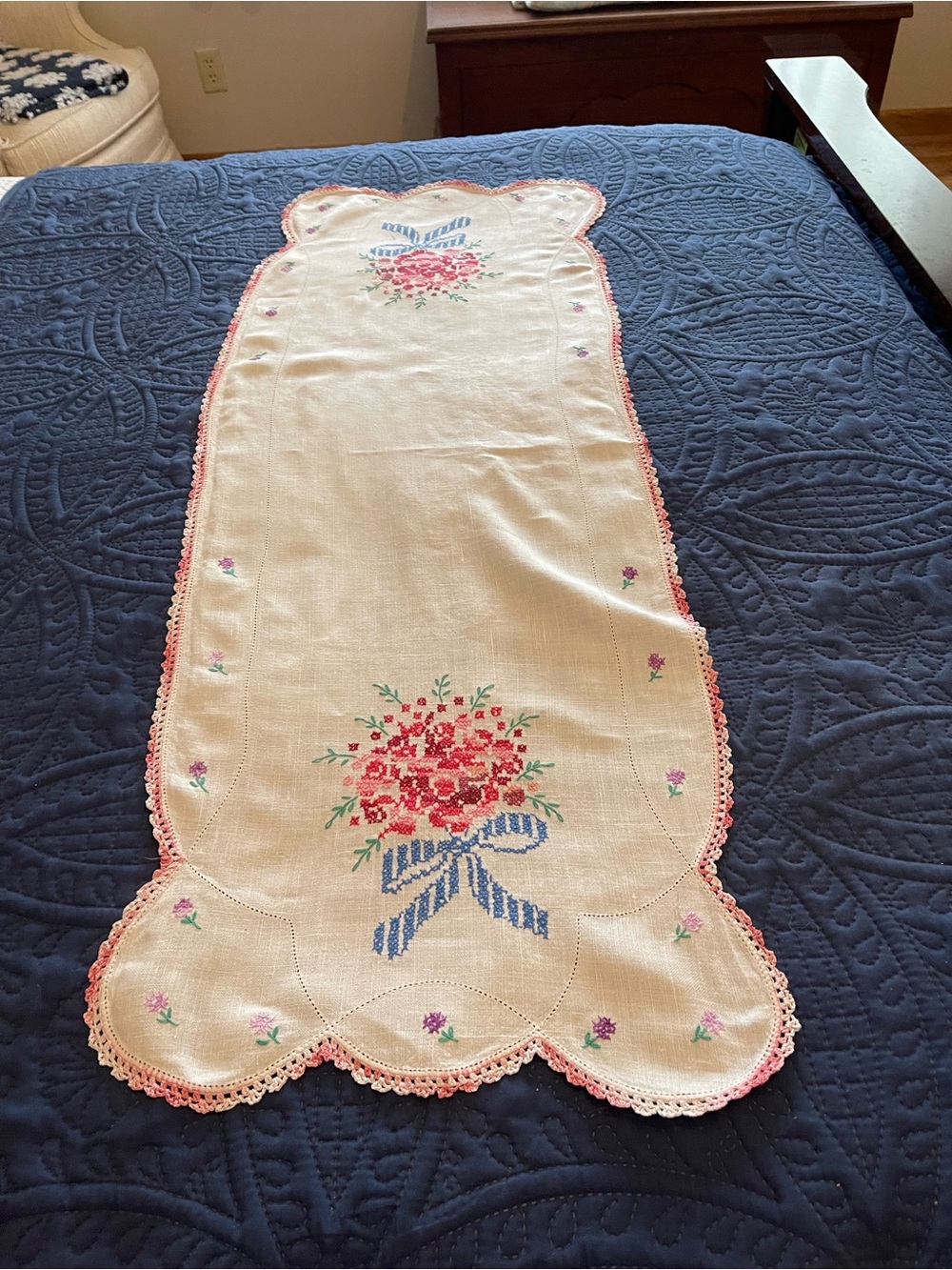 Floral Embroidered Linen Table Runner - Pink Accent
